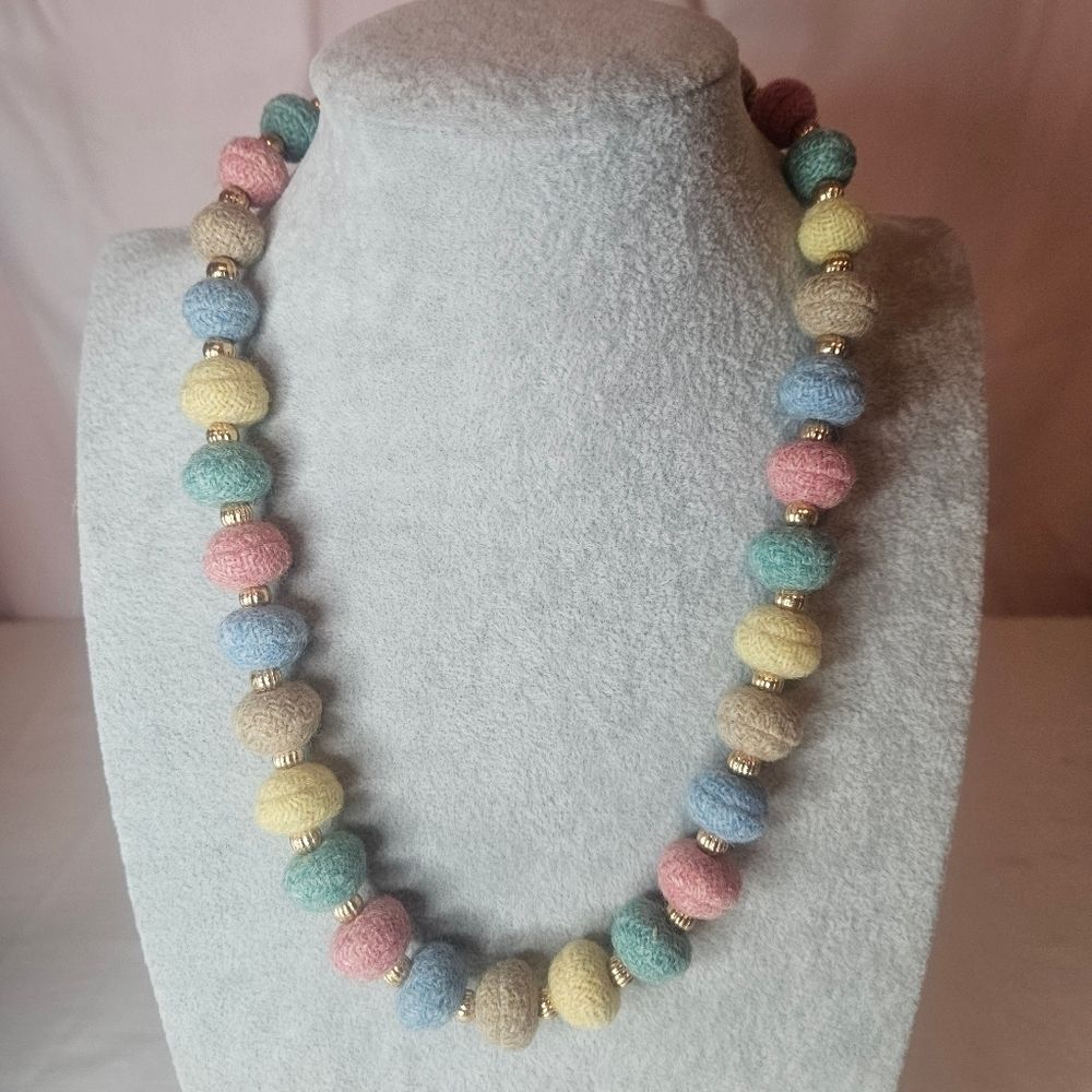 Vintage Felted Wool Bead Statement Necklace 20” Boho Lagelook Cottagecore